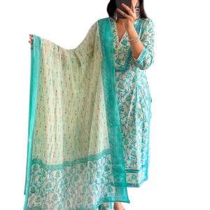 Women's Cotton Floral Printed Anazrkali Kurti with Pant & Dupatta Set