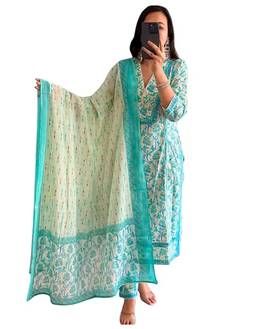 Women's Cotton Floral Printed Anazrkali Kurti with Pant & Dupatta Set